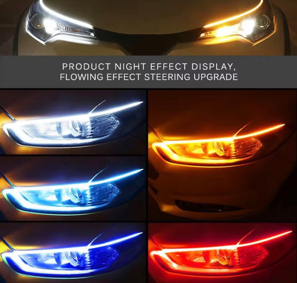 2pcs 12V LED DRL Car Daytime Running Light Flexible Waterproof Strip Auto Headlights White Turn Signal Yellow Brake Flow Lights