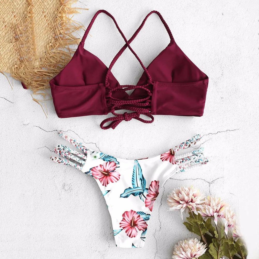 Summer Women'S Micro Bikini Set Cut Out Flowers Bandage Swimsuit Push up Sexy Halter Swimwear Beachwear Biquini Maillot De Bain