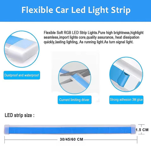 2pcs 12V LED DRL Car Daytime Running Light Flexible Waterproof Strip Auto Headlights White Turn Signal Yellow Brake Flow Lights