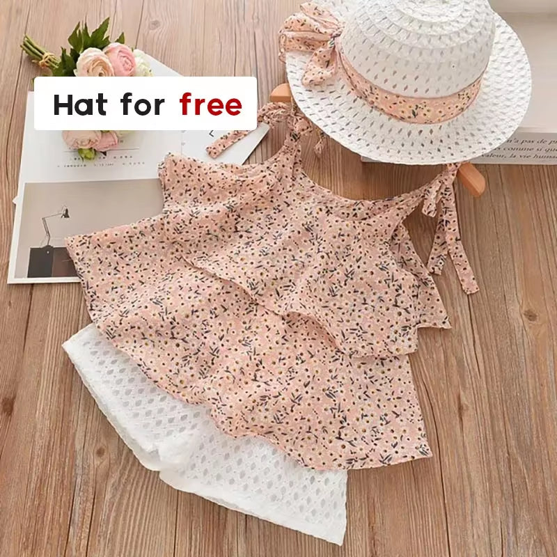 Girls Clothing Sets 2025 Summer Kids Clothes Floral Chiffon Halter+Embroidered Shorts Straw Children Clothing