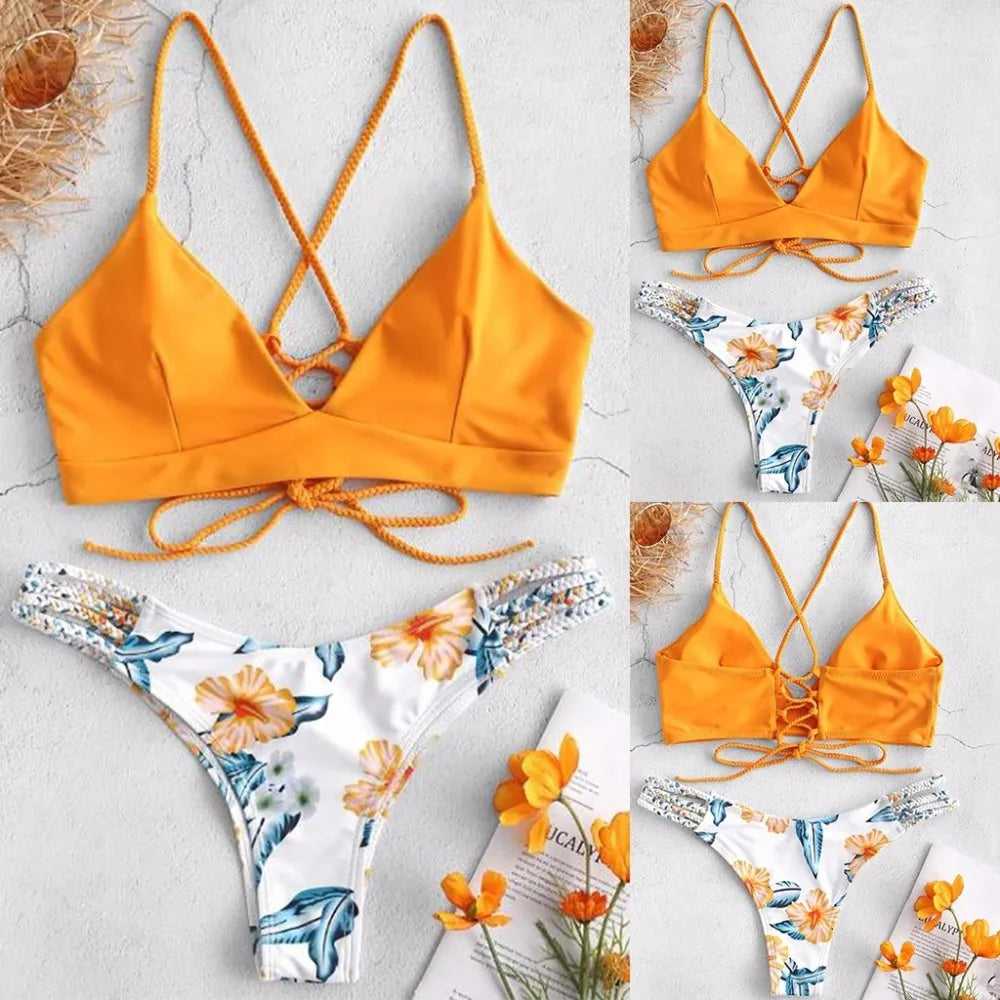 Summer Women'S Micro Bikini Set Cut Out Flowers Bandage Swimsuit Push up Sexy Halter Swimwear Beachwear Biquini Maillot De Bain