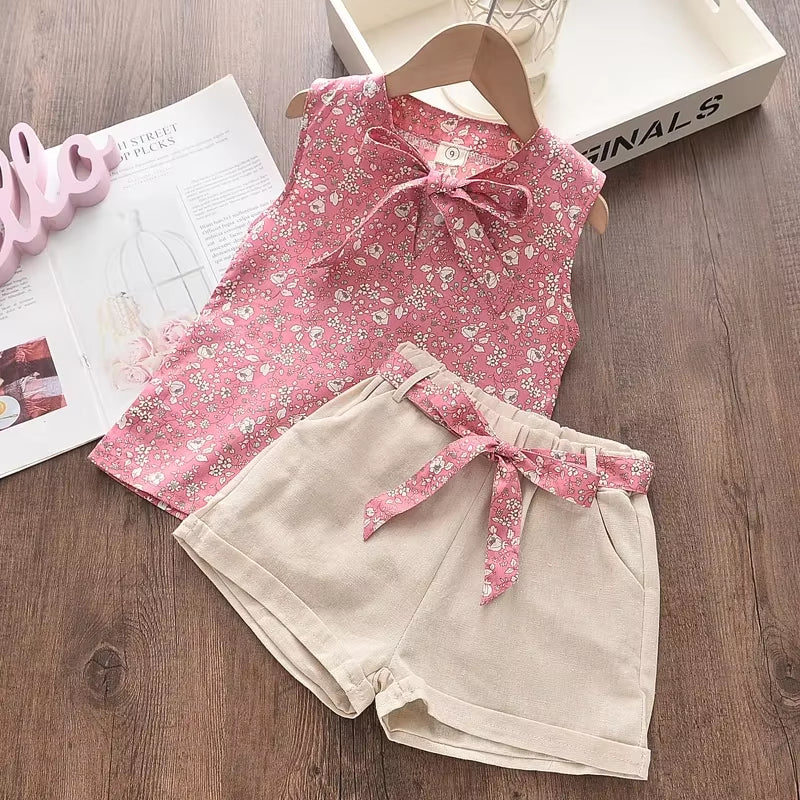 Girls Clothing Sets 2025 Summer Kids Clothes Floral Chiffon Halter+Embroidered Shorts Straw Children Clothing