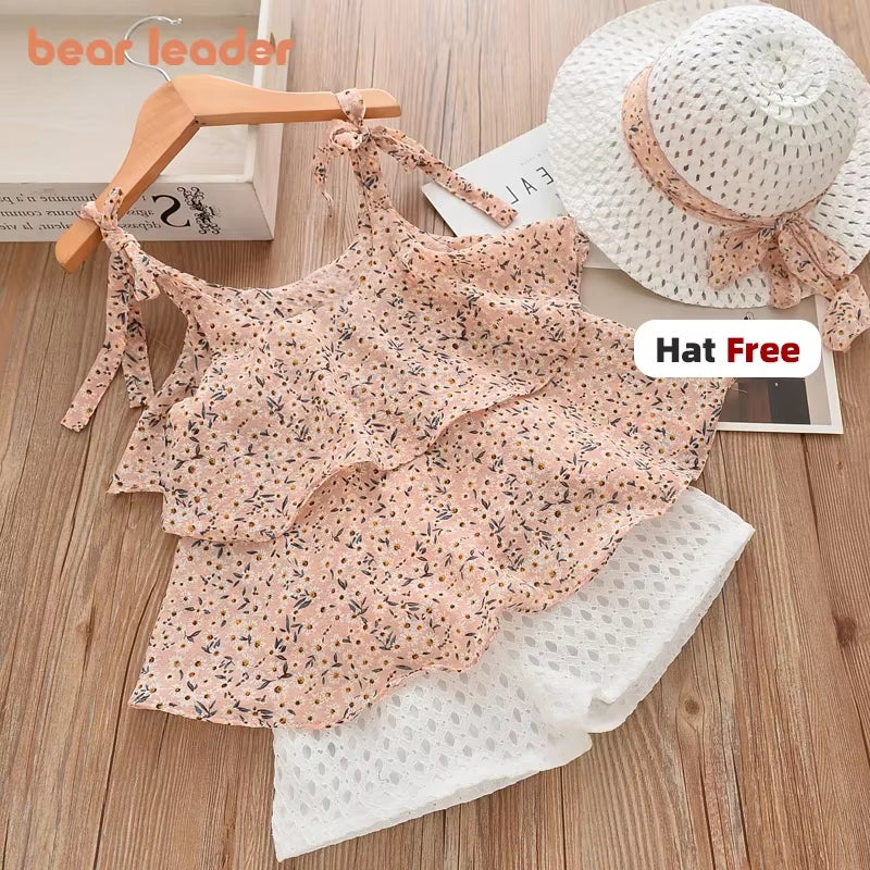 Girls Clothing Sets 2025 Summer Kids Clothes Floral Chiffon Halter+Embroidered Shorts Straw Children Clothing