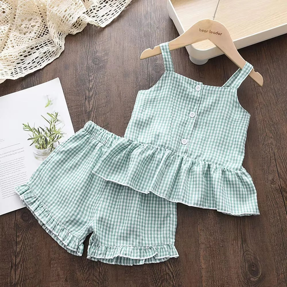 Girls Clothing Sets 2025 Summer Kids Clothes Floral Chiffon Halter+Embroidered Shorts Straw Children Clothing