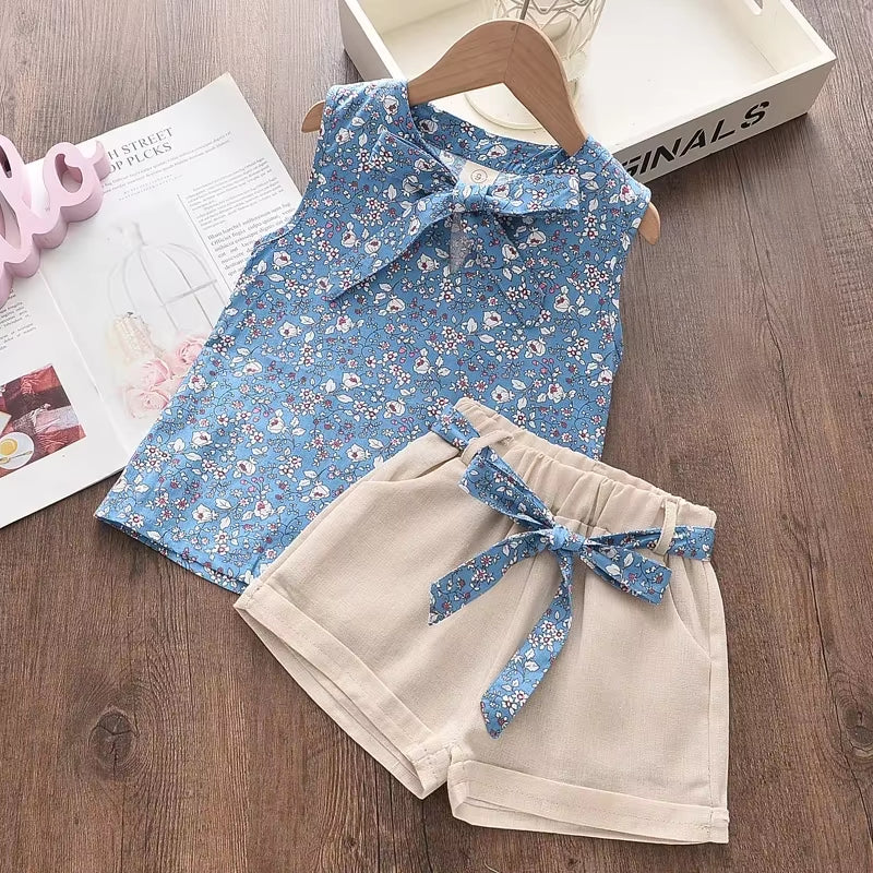 Girls Clothing Sets 2025 Summer Kids Clothes Floral Chiffon Halter+Embroidered Shorts Straw Children Clothing