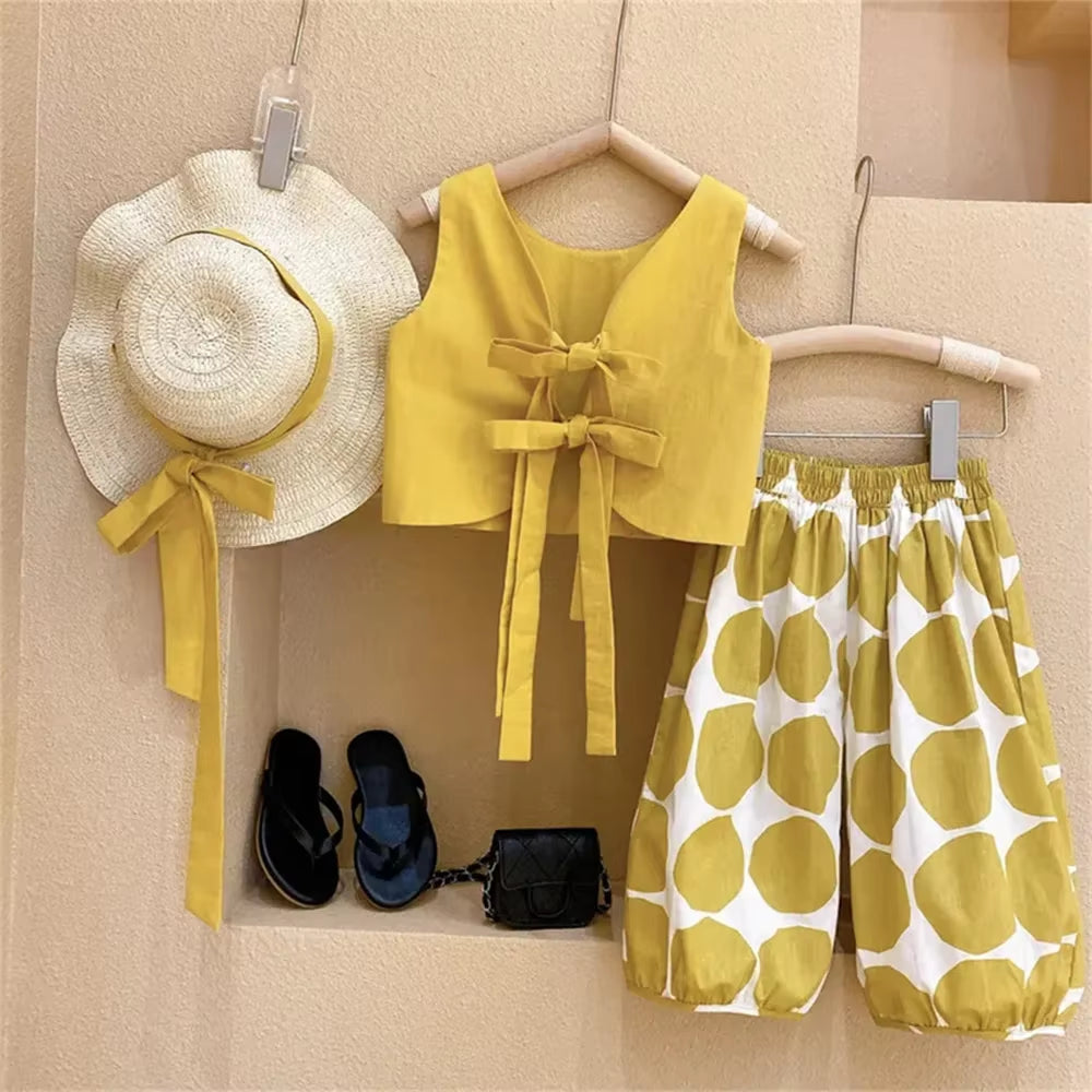Girls Clothing Sets 2025 Summer Kids Clothes Floral Chiffon Halter+Embroidered Shorts Straw Children Clothing