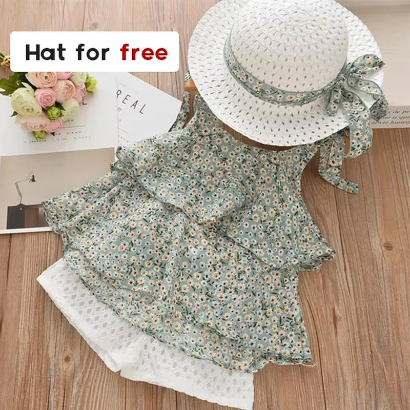 Girls Clothing Sets 2025 Summer Kids Clothes Floral Chiffon Halter+Embroidered Shorts Straw Children Clothing